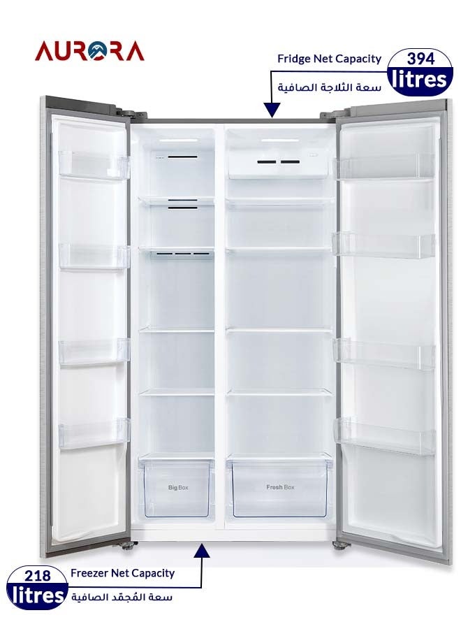 اورورا ثلاجة جنبًا إلى جنب بسعة 612 لترًا (21.6 قدم مكعب) مع ضمان 7 سنوات على الضاغط، ونظام منع تكوّن الثلج بتحكم كهربائي، وإضاءة LED، و5 أرفف للثلاجة و5 أرفف للفريزر، وتصنيف طاقة D، وتصميم داخلي أزرق أنيق، وتشطيب من الفولاذ المقاوم للصدأ | اسم الموديل: AR-840SNFT - Image 3